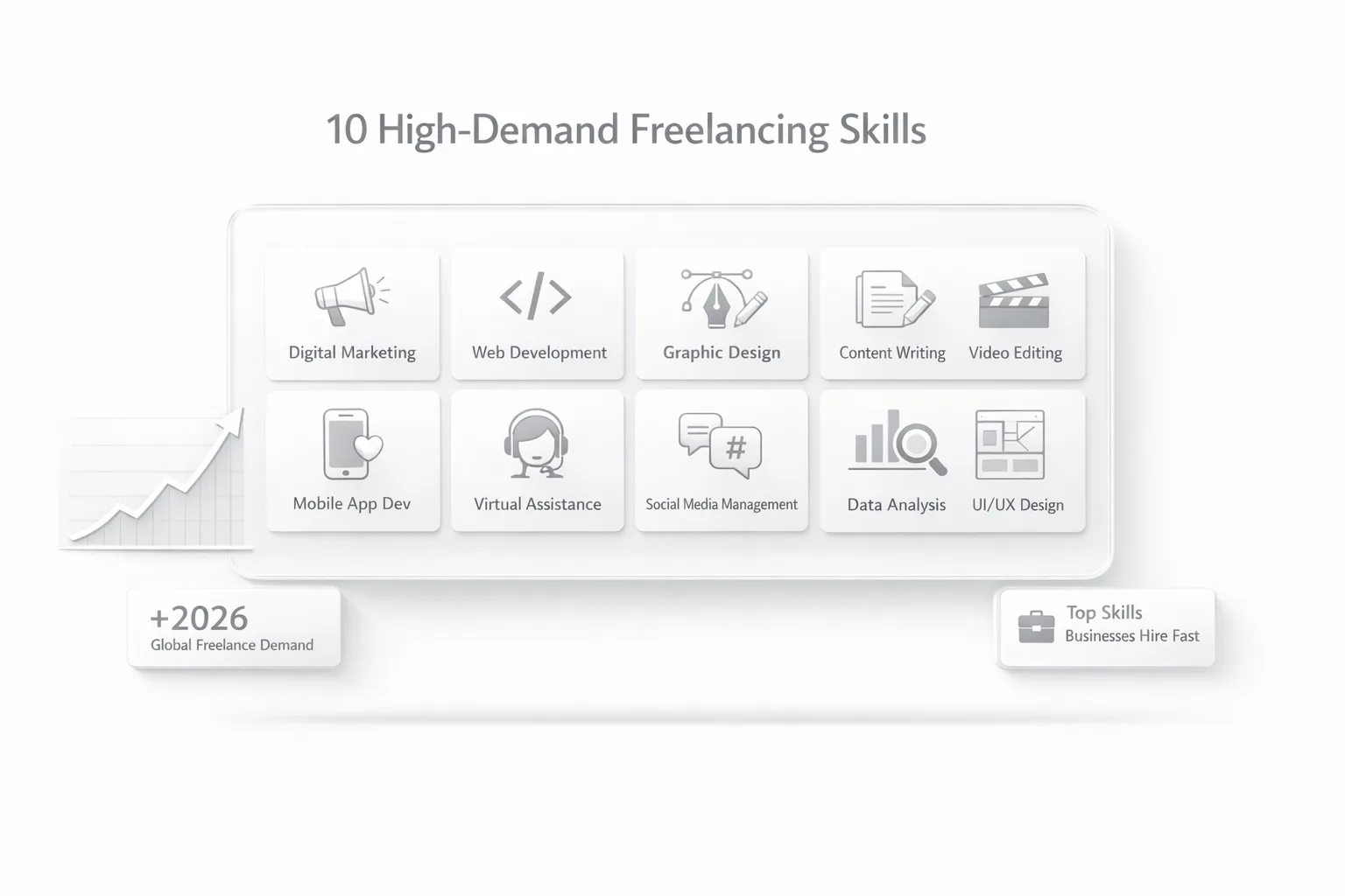 Infographic highlighting 10 high-demand freelancing skills and their market relevance in 2026
