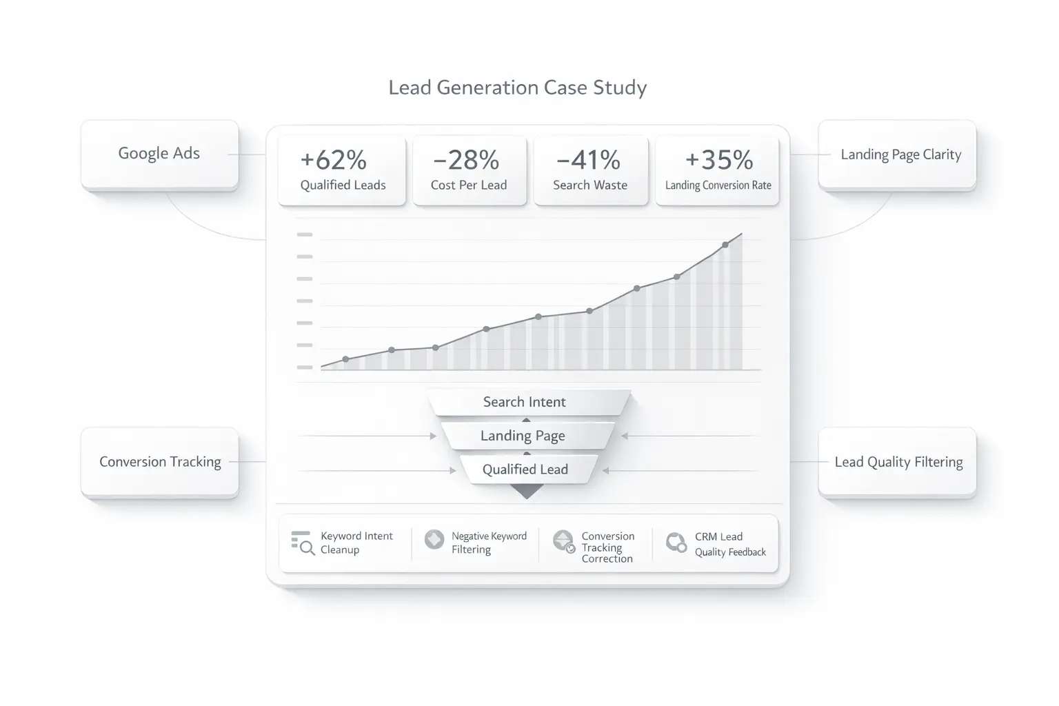 Lead generation case study showing before and after lead quality improvement with qualified demand, filtered clicks and stronger conversion path