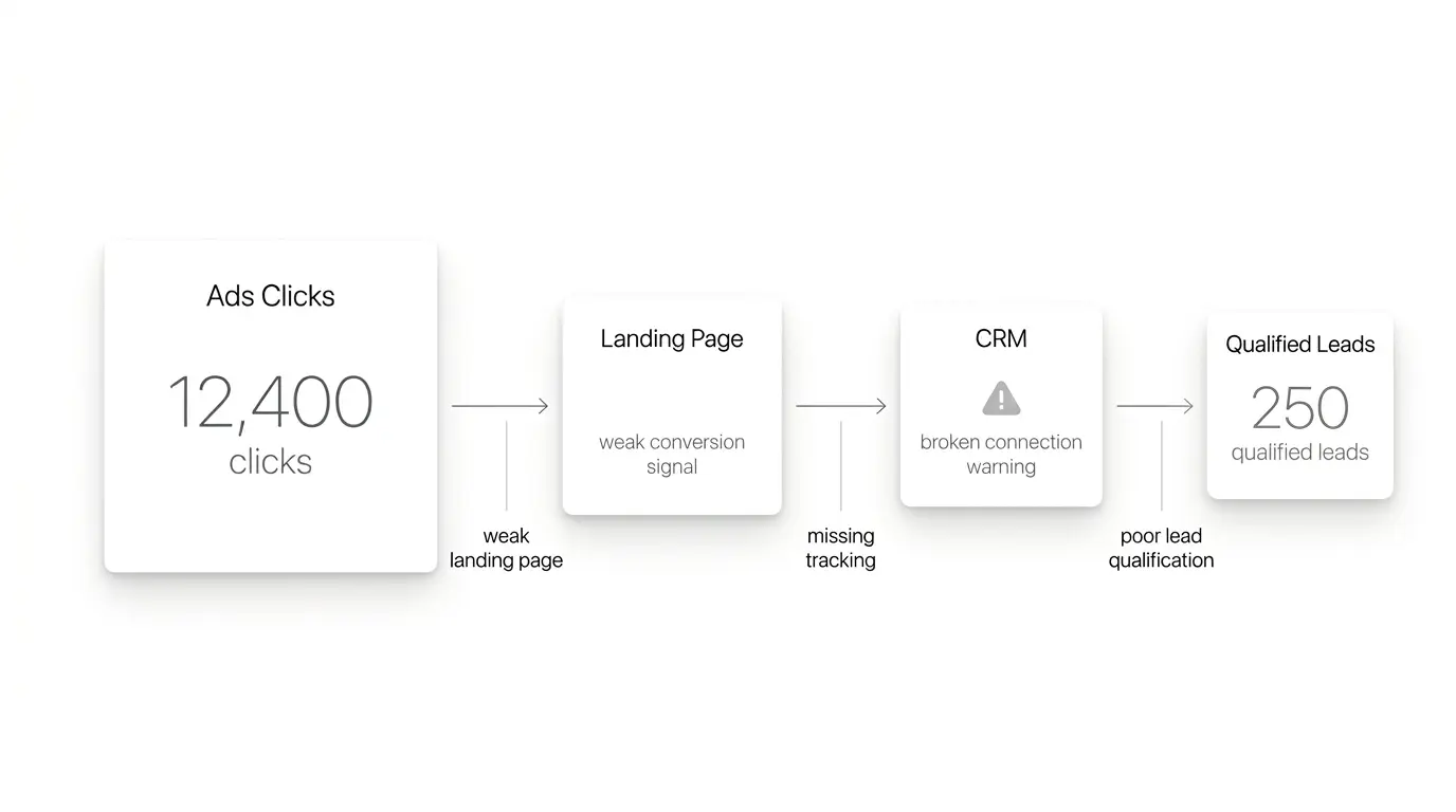 ads clicks to qualified leads conversion leak business chart
