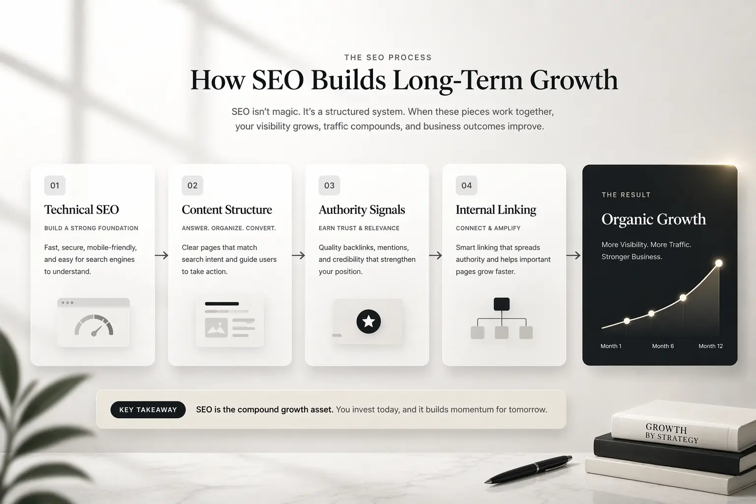 SEO growth system showing technical SEO content authority and internal linking