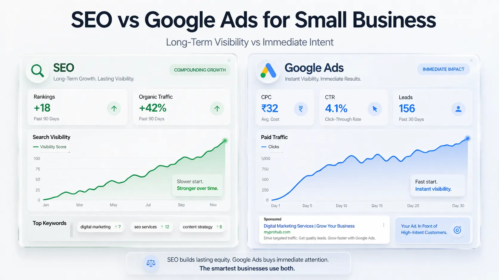 seo vs google ads for small business premium comparison dashboard